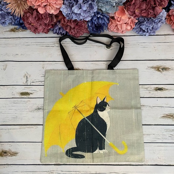 Eco-Friendly Black Cat with Yellow Umbrella Folding Tote Bag - Picture 2 of 12